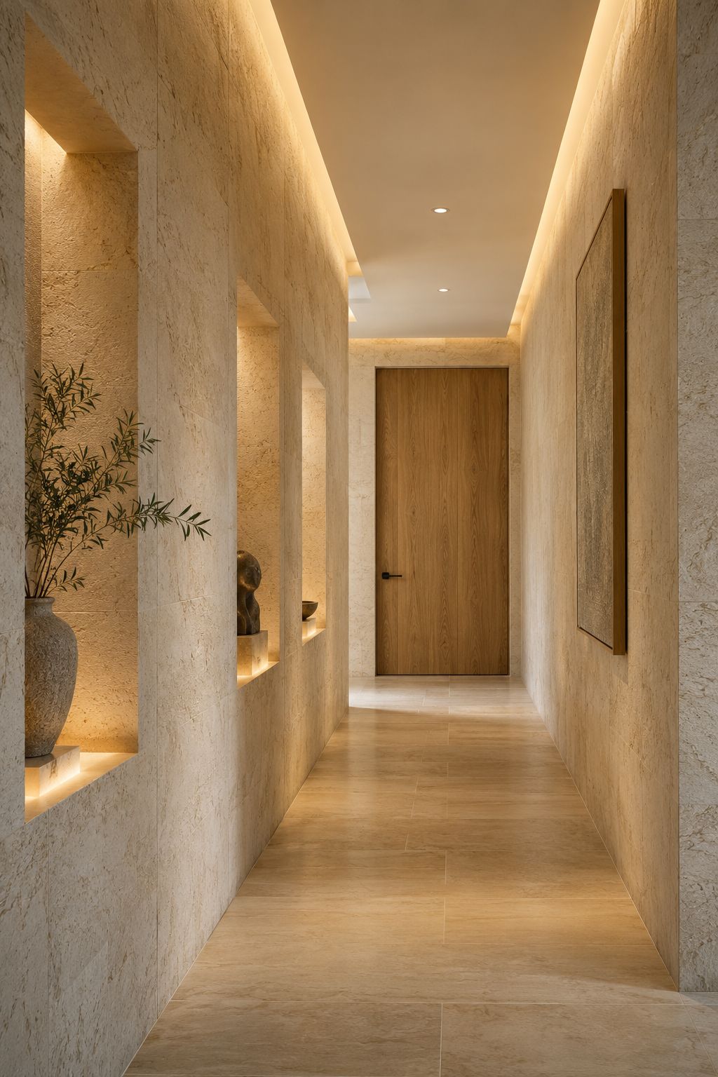 Warm concealed lighting reveals limestone niches and a ceiling cove in an architectural corridor
