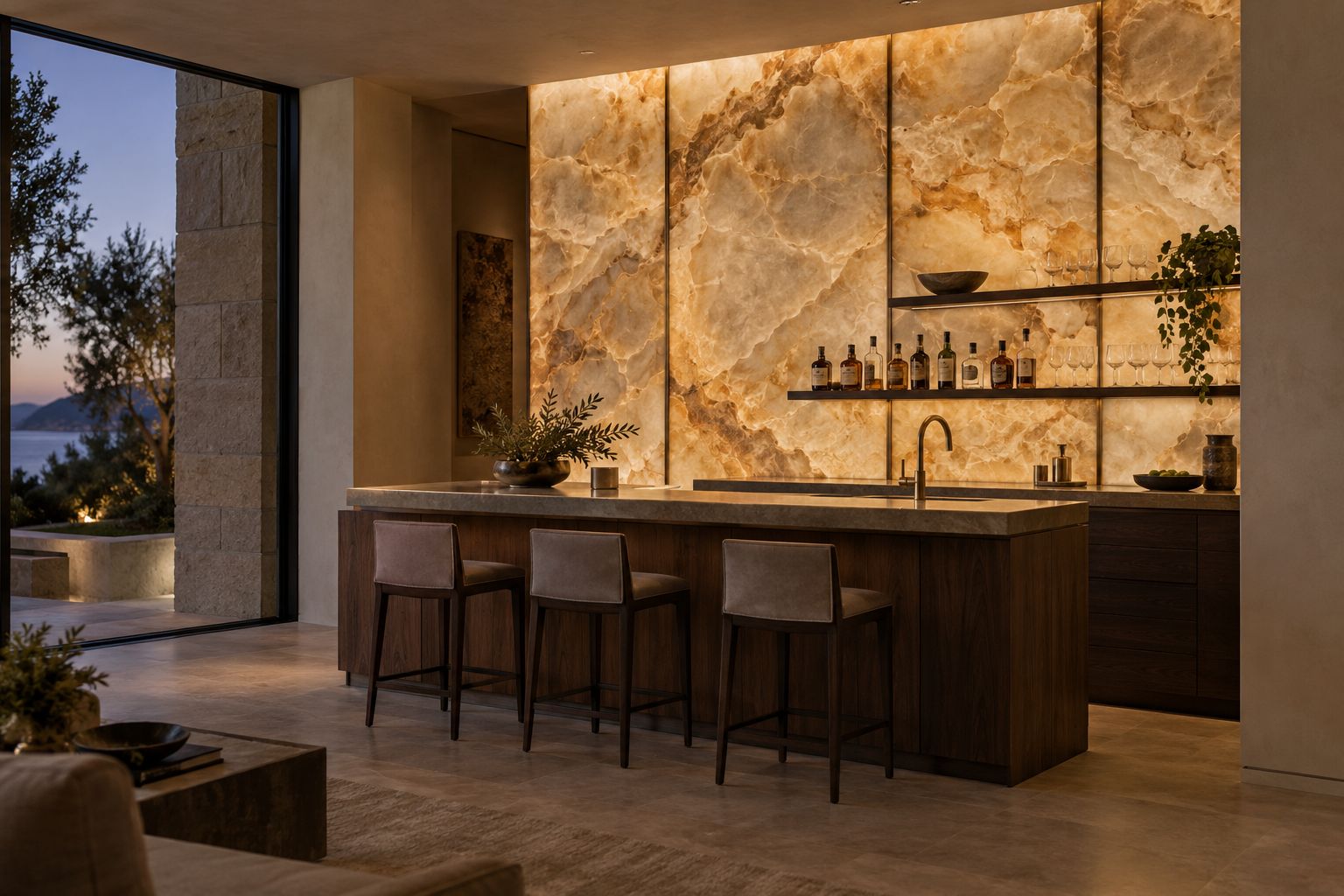 Illuminated amber onyx wall behind a walnut bar with bronze fittings