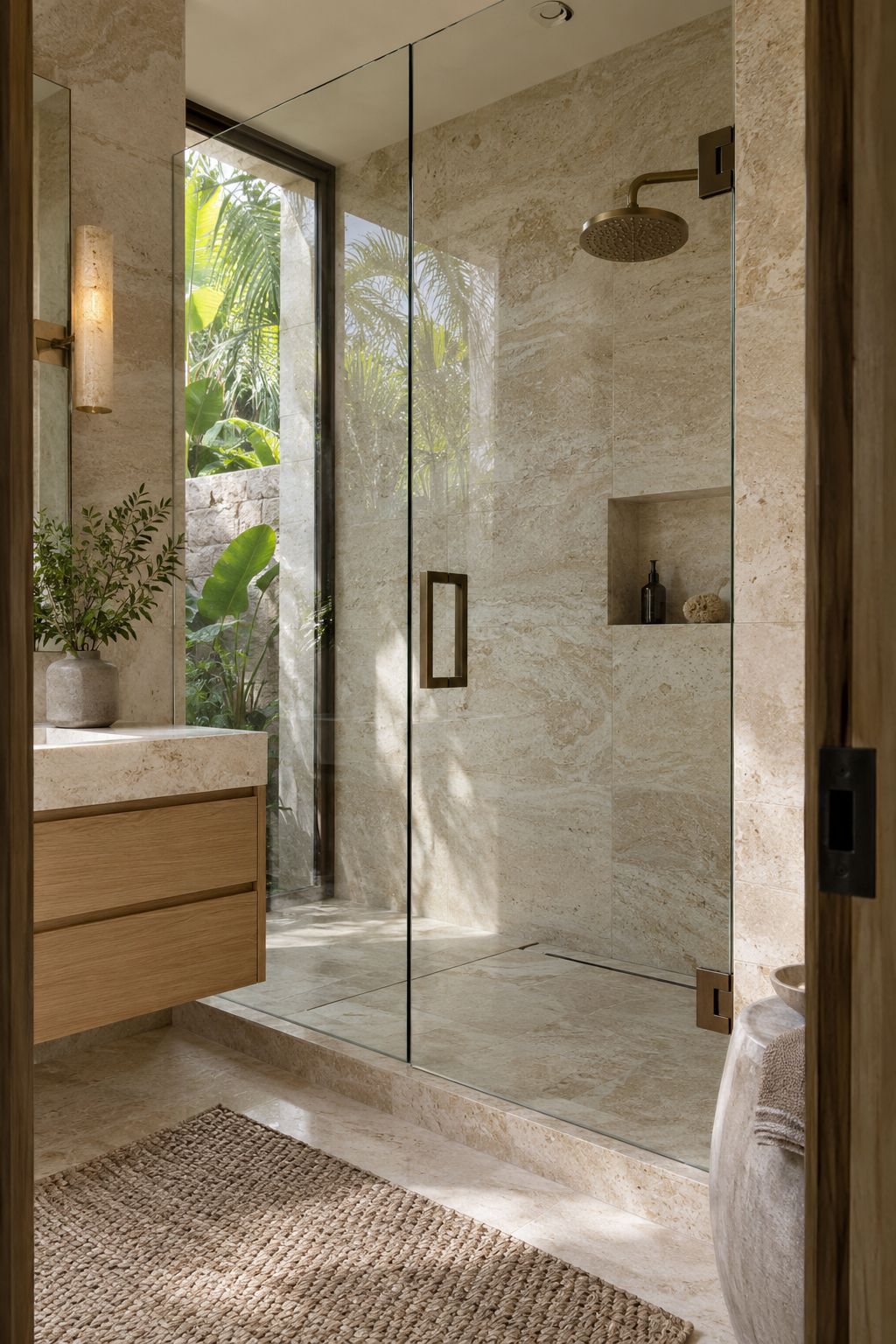 Frameless shower glass with bronze handle and hinges beside pale stone and an oak vanity