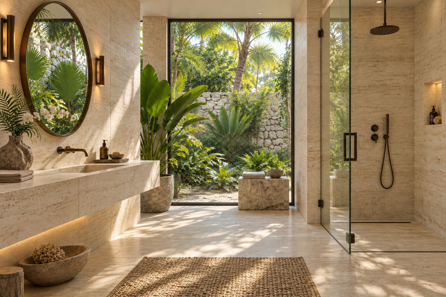 bathroom with a frameless shower enclosure and stone vanity