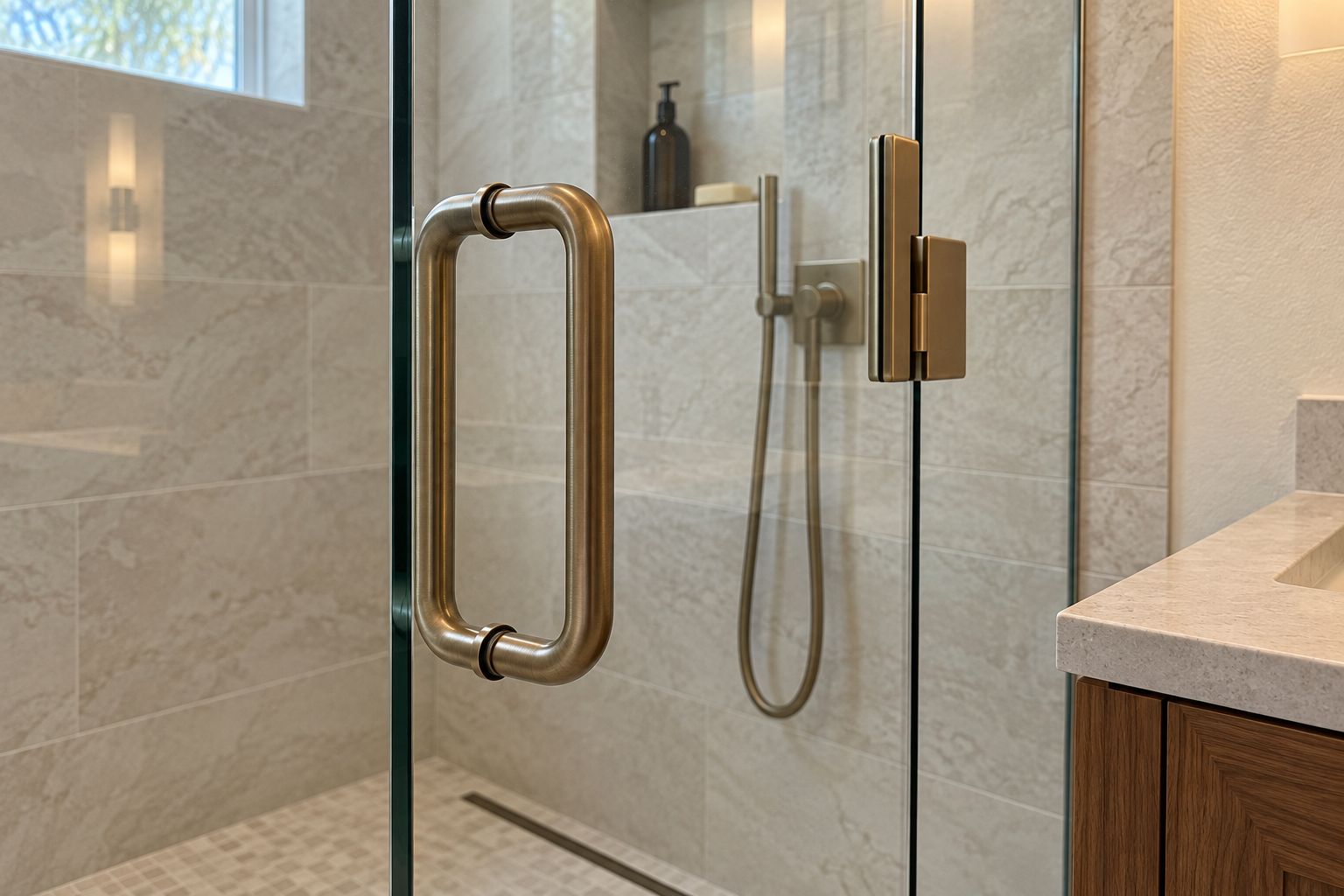 Design visualization of a brushed bronze shower door handle, clear glass edge and adjacent hinge