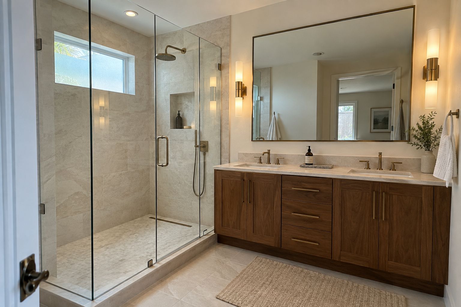 Design visualization of a clear frameless shower enclosure beside a walnut vanity and broad mirror in a pale bathroom
