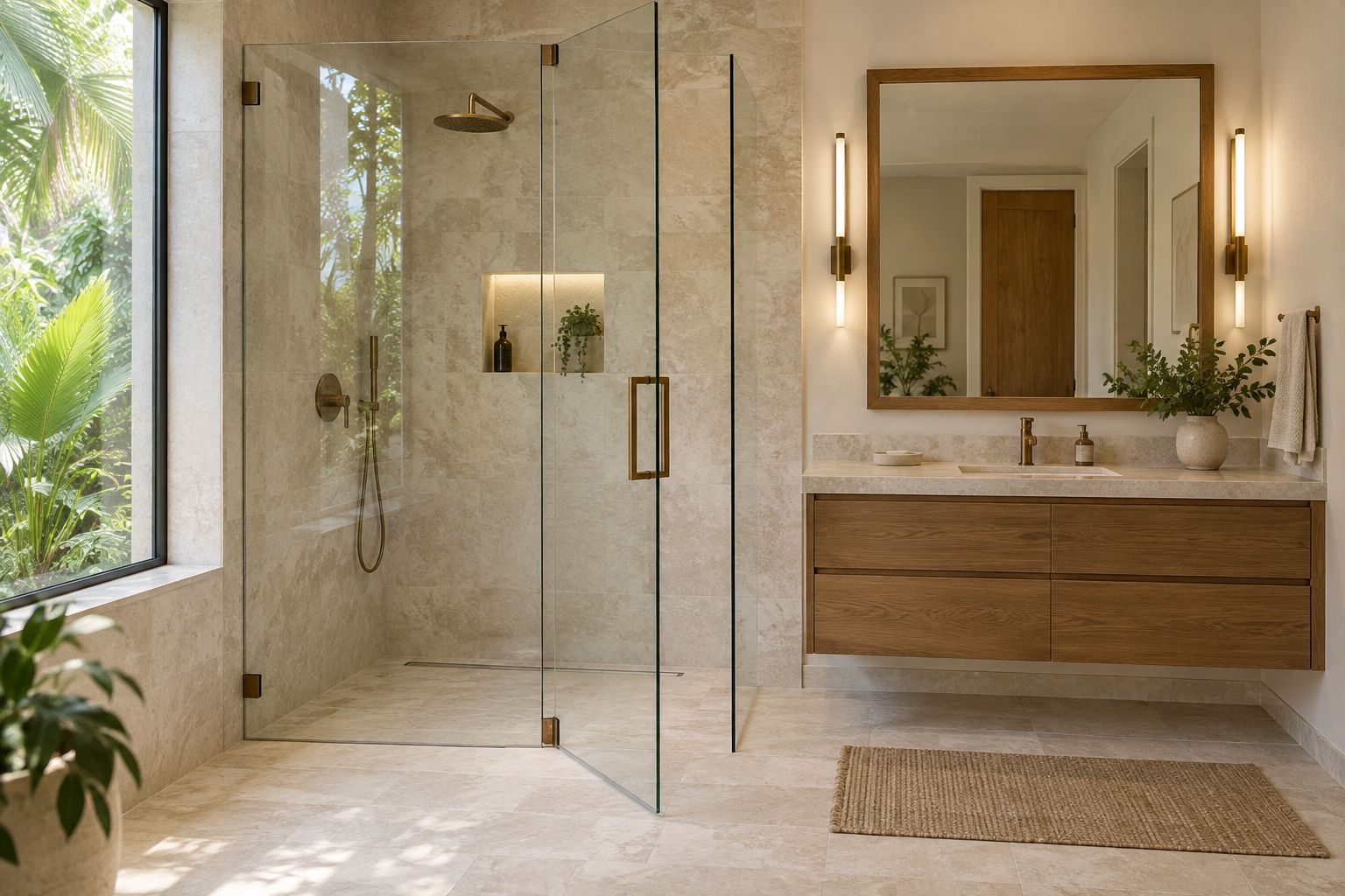Clear shower glass with bronze hardware beside a stone vanity and warm oak drawers