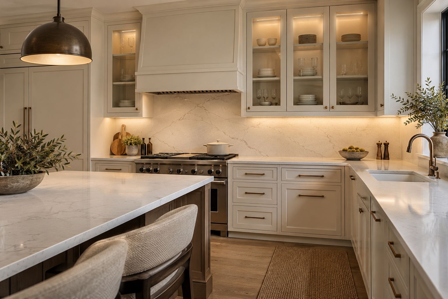 Cream kitchen with bronze handles, glass-front cabinetry and concealed LED light across a pale worktop