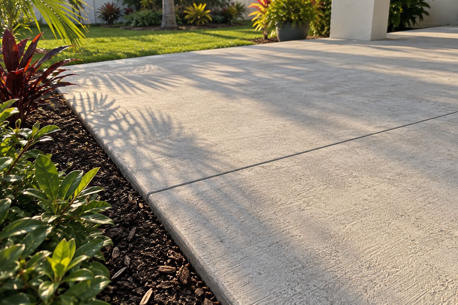 Design visualization of a control joint, subtle concrete texture and a clean patio edge alongside planting