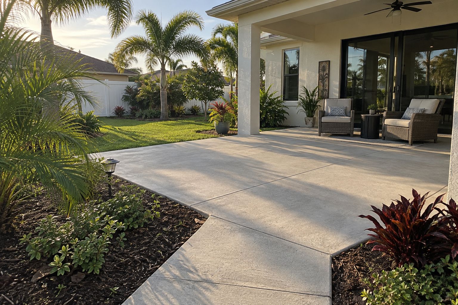 Design visualization of a light gray concrete patio and garden walkway beside a covered Florida lanai