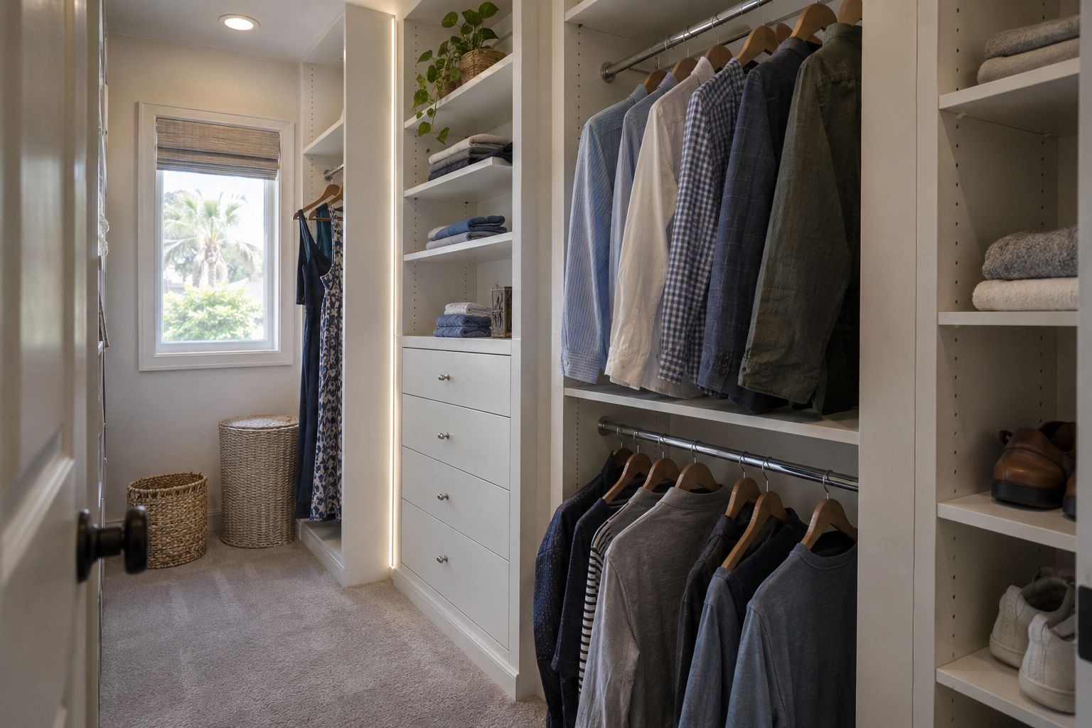 Design visualization: White walk-in closet with varied clothing, fitted hanging rails and adjustable shelves