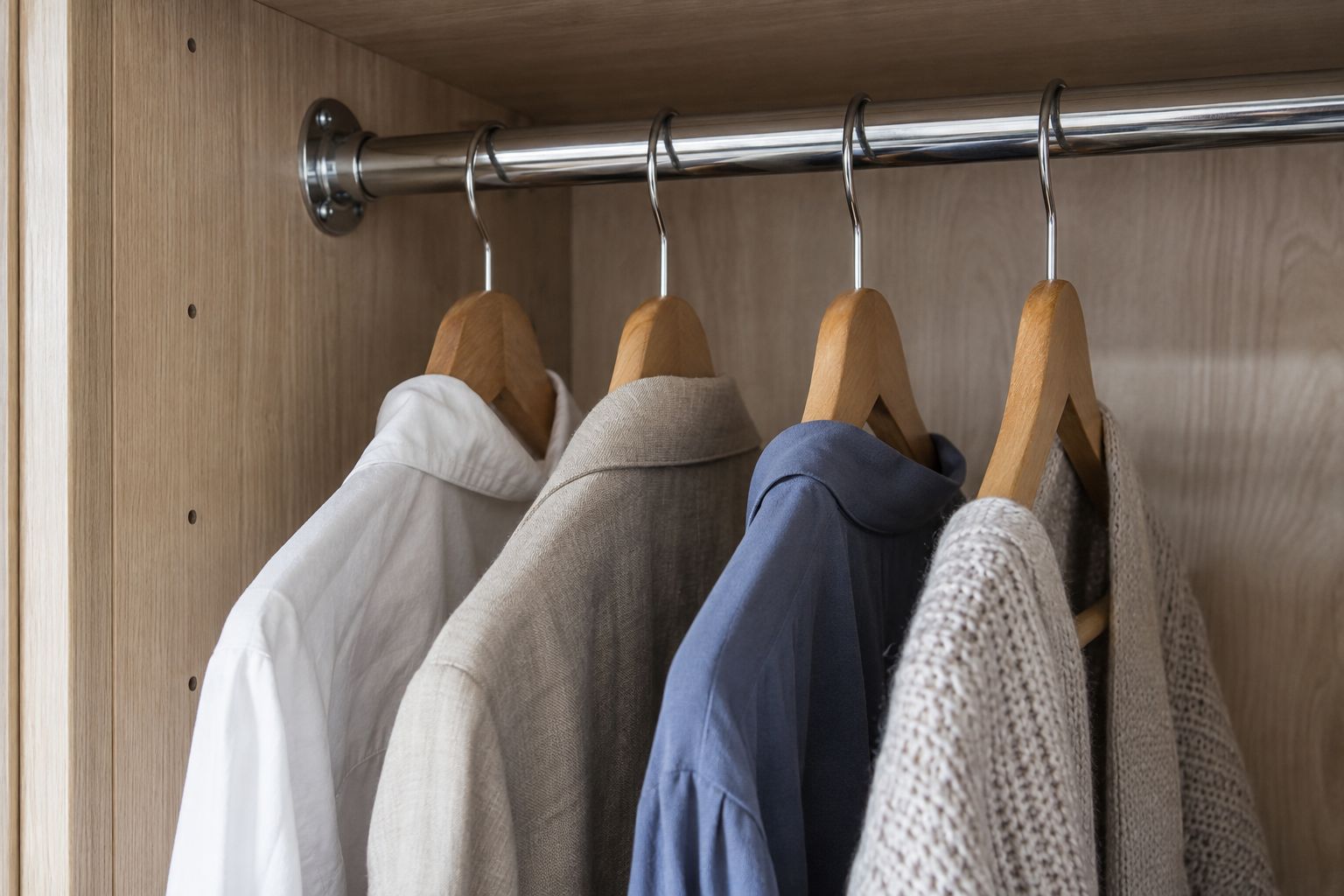 Design visualization: Chrome wardrobe rod fitted into a side socket beside textured hanging clothes