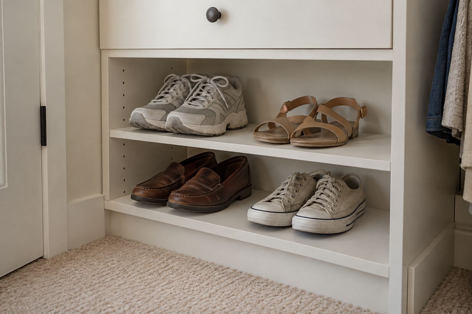 Design visualization: Low closet shoe shelves with three different pairs and a closed drawer above