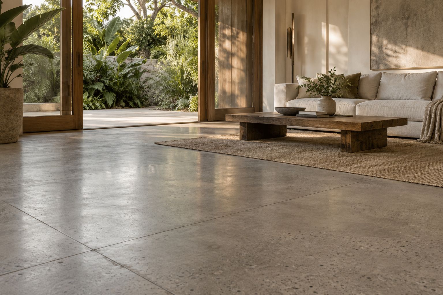 Honed concrete floor with control joints beside a linen sofa and open oak garden doors