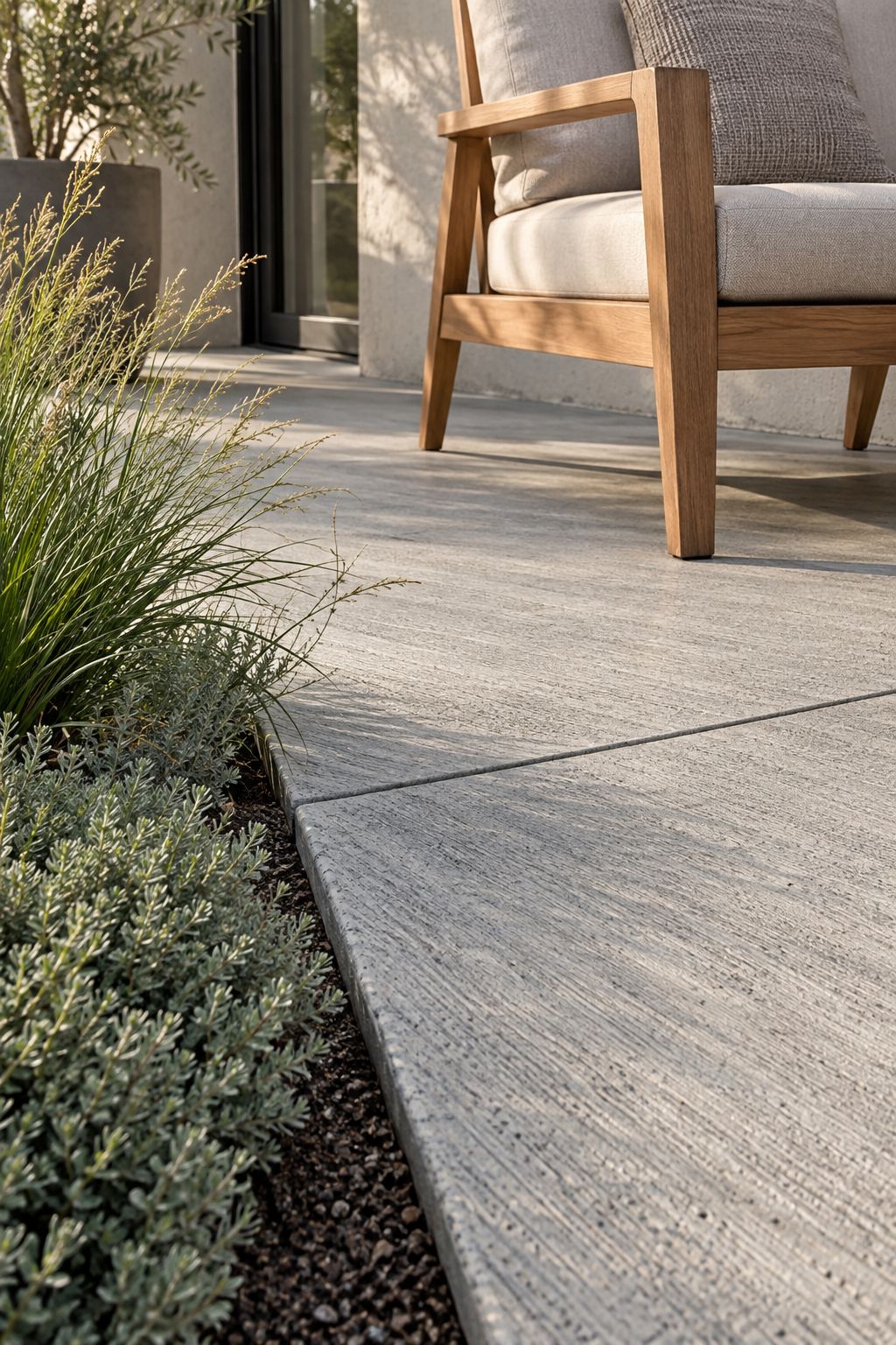 Fine broom-finished concrete patio texture and a clean joint beside a planting bed