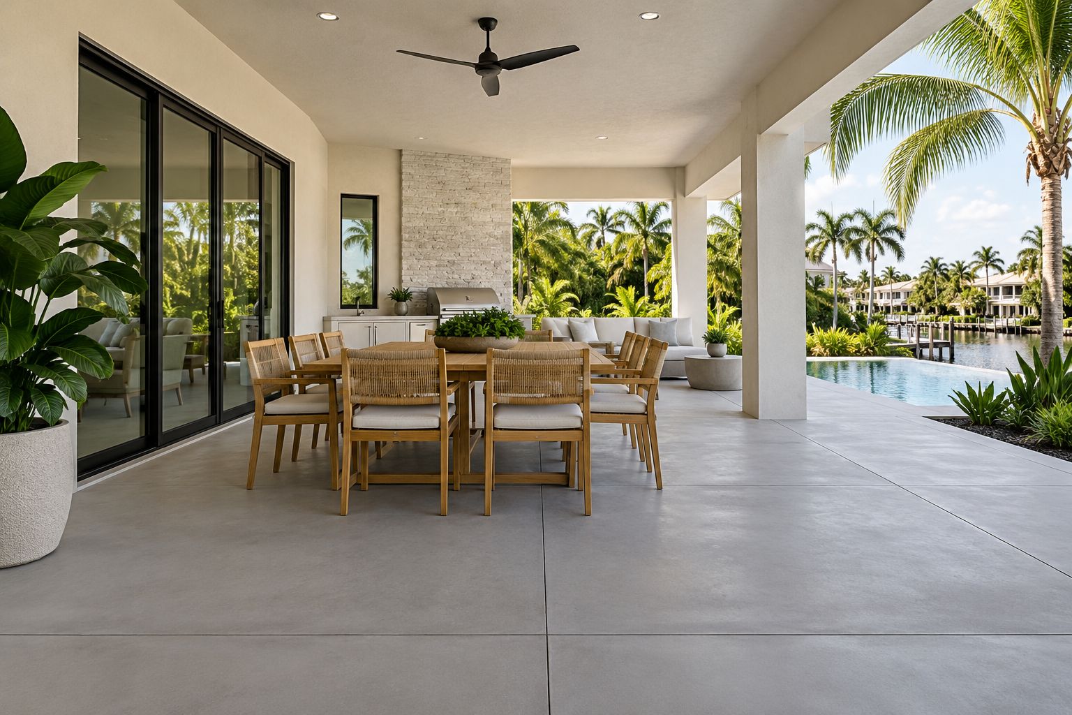 Warm-gray concrete patio with precise joints and teak furniture beside a tropical garden
