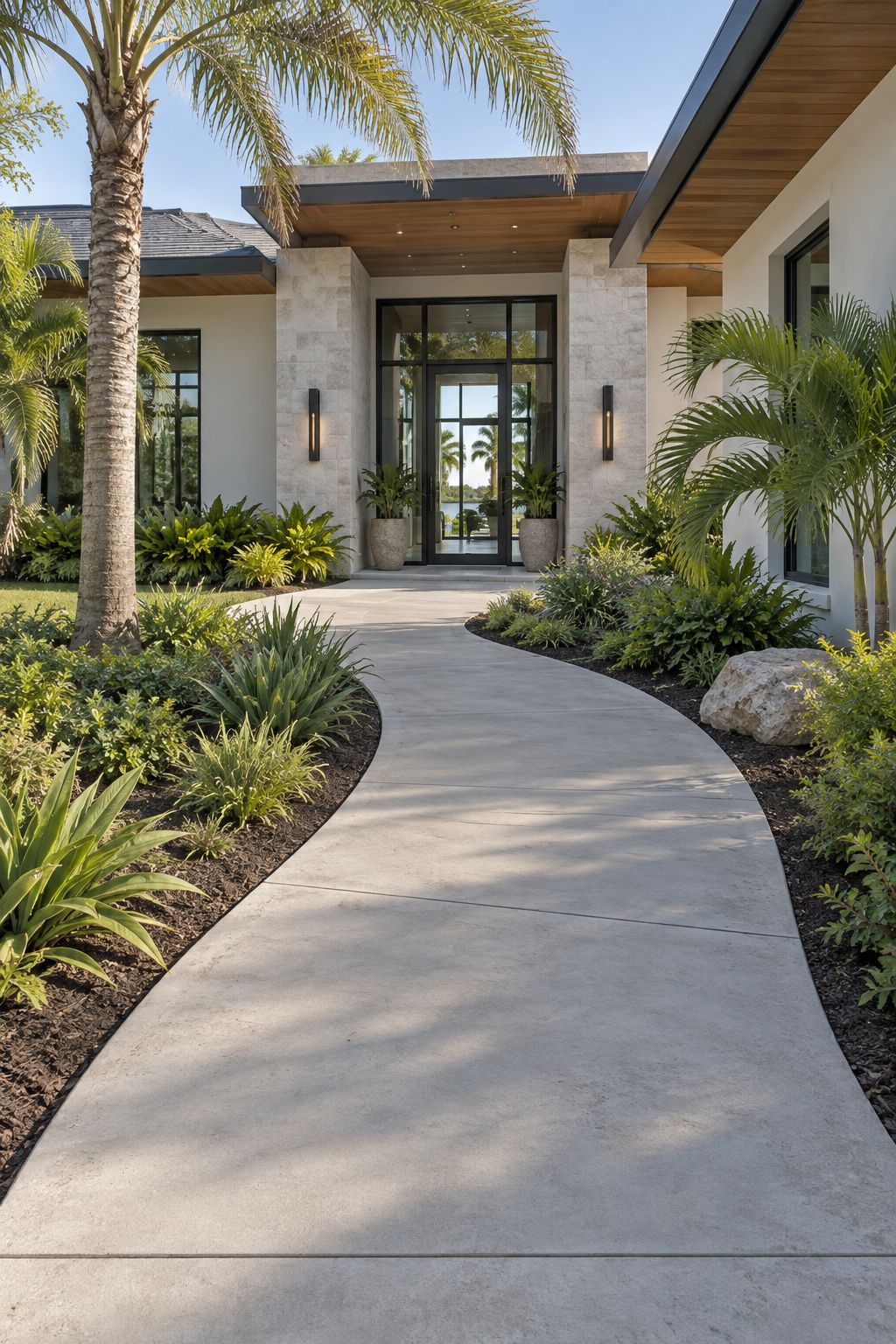A gently curving concrete entry walkway with flush joints and native planting
