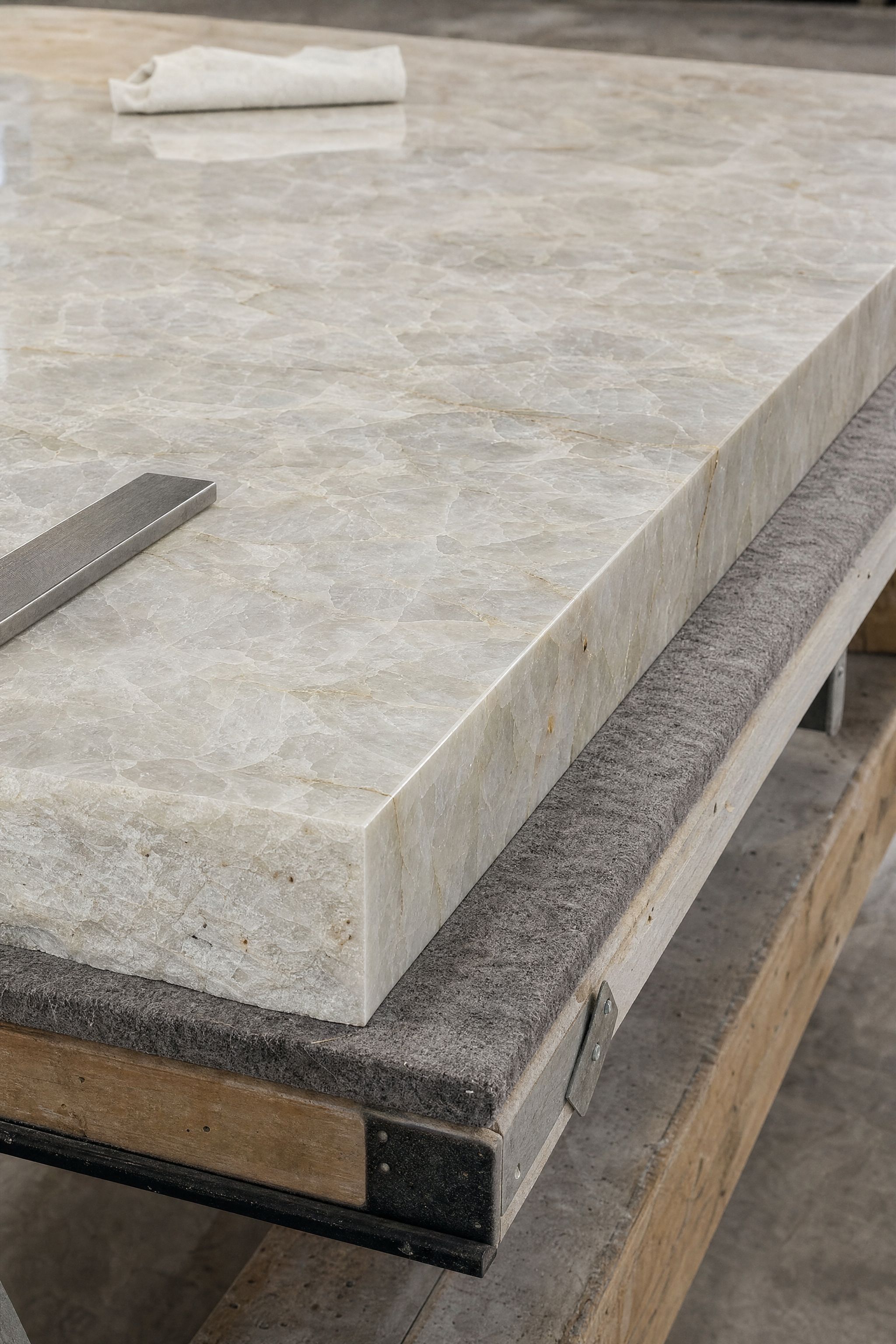 Polished Cristallo quartzite panel resting on a padded fabrication bench.