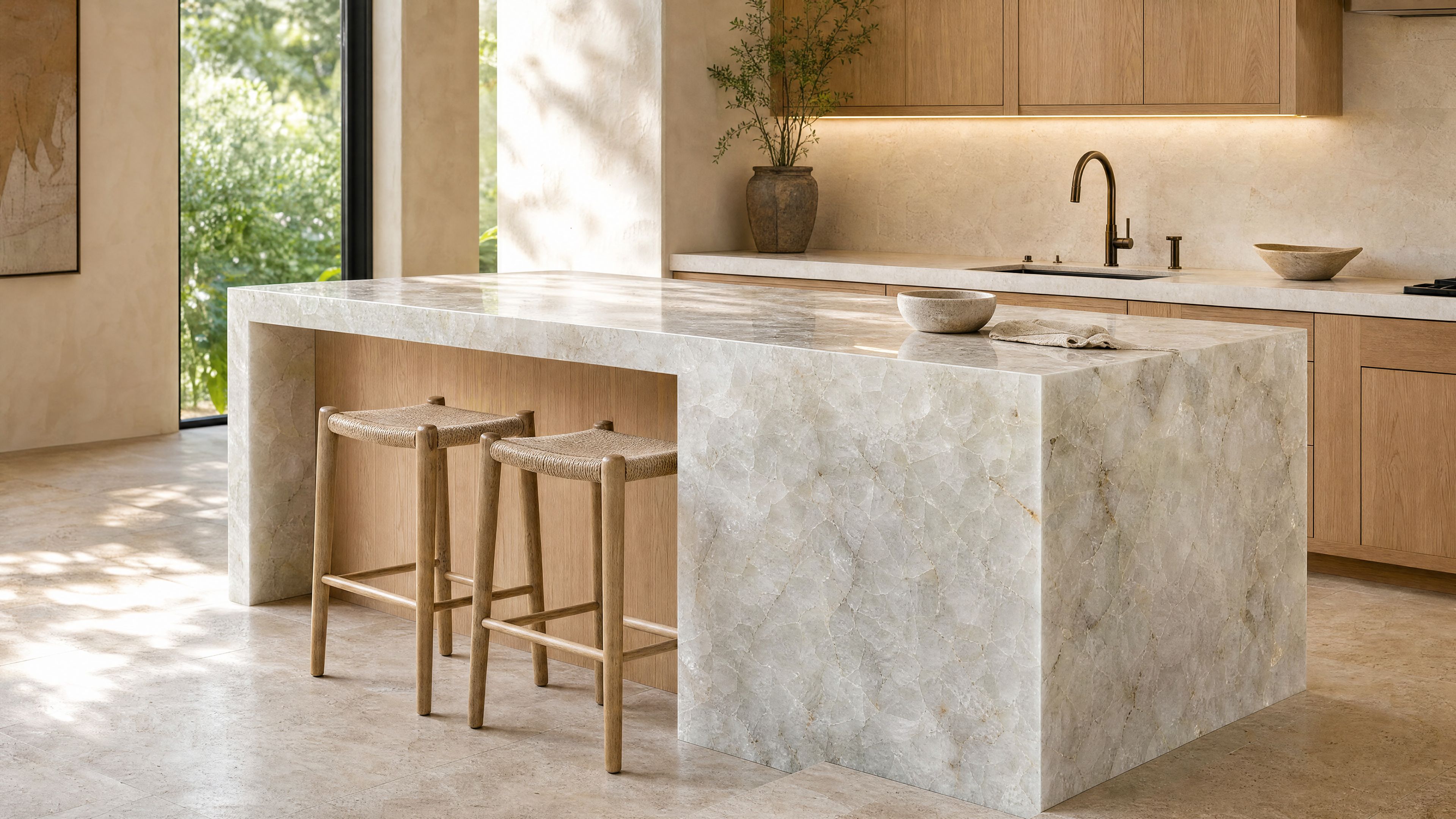 Cristallo quartzite waterfall island with pale oak cabinetry in soft daylight.
