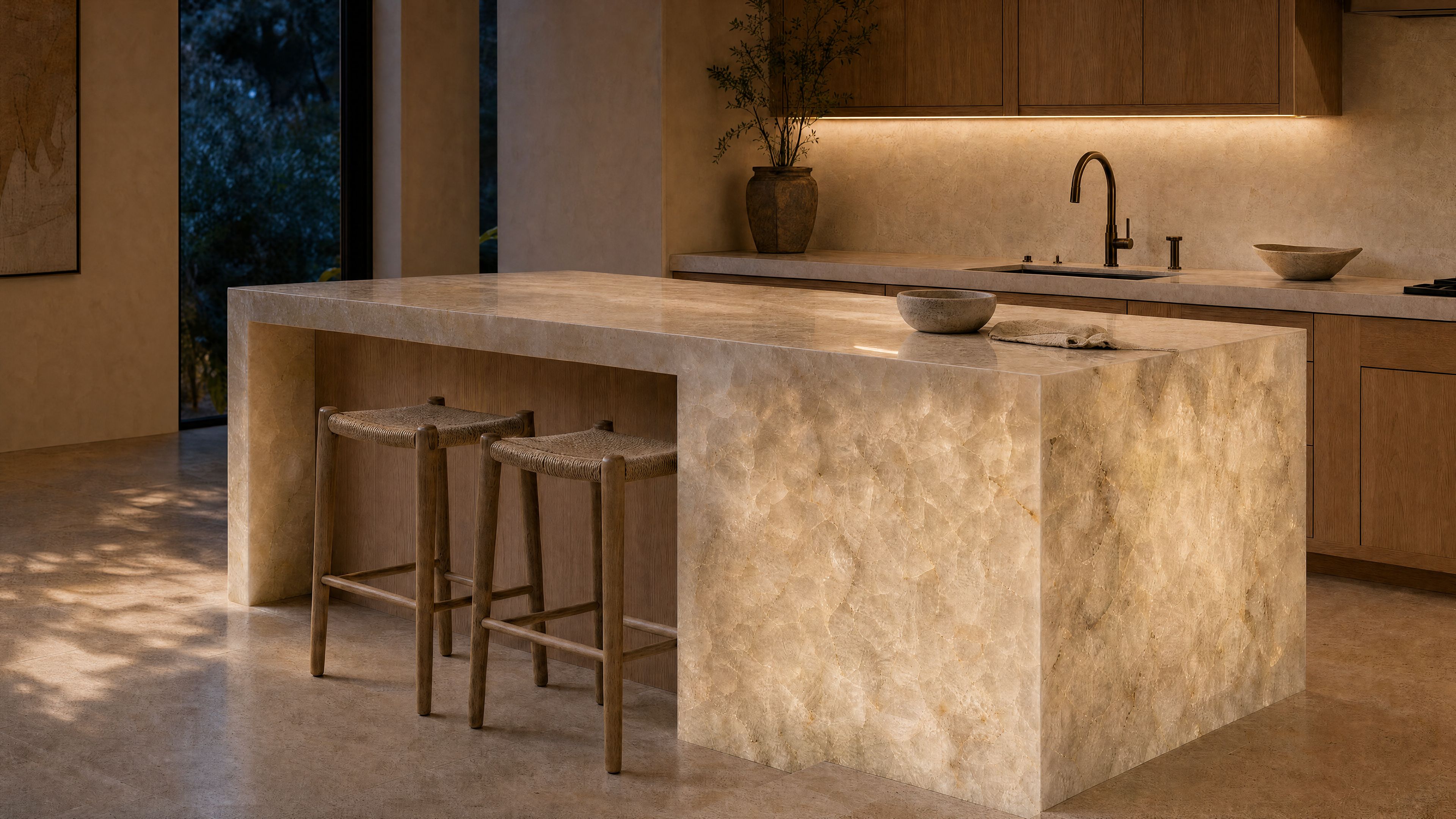 Cristallo kitchen at evening with soft task lighting and a gently backlit waterfall panel.