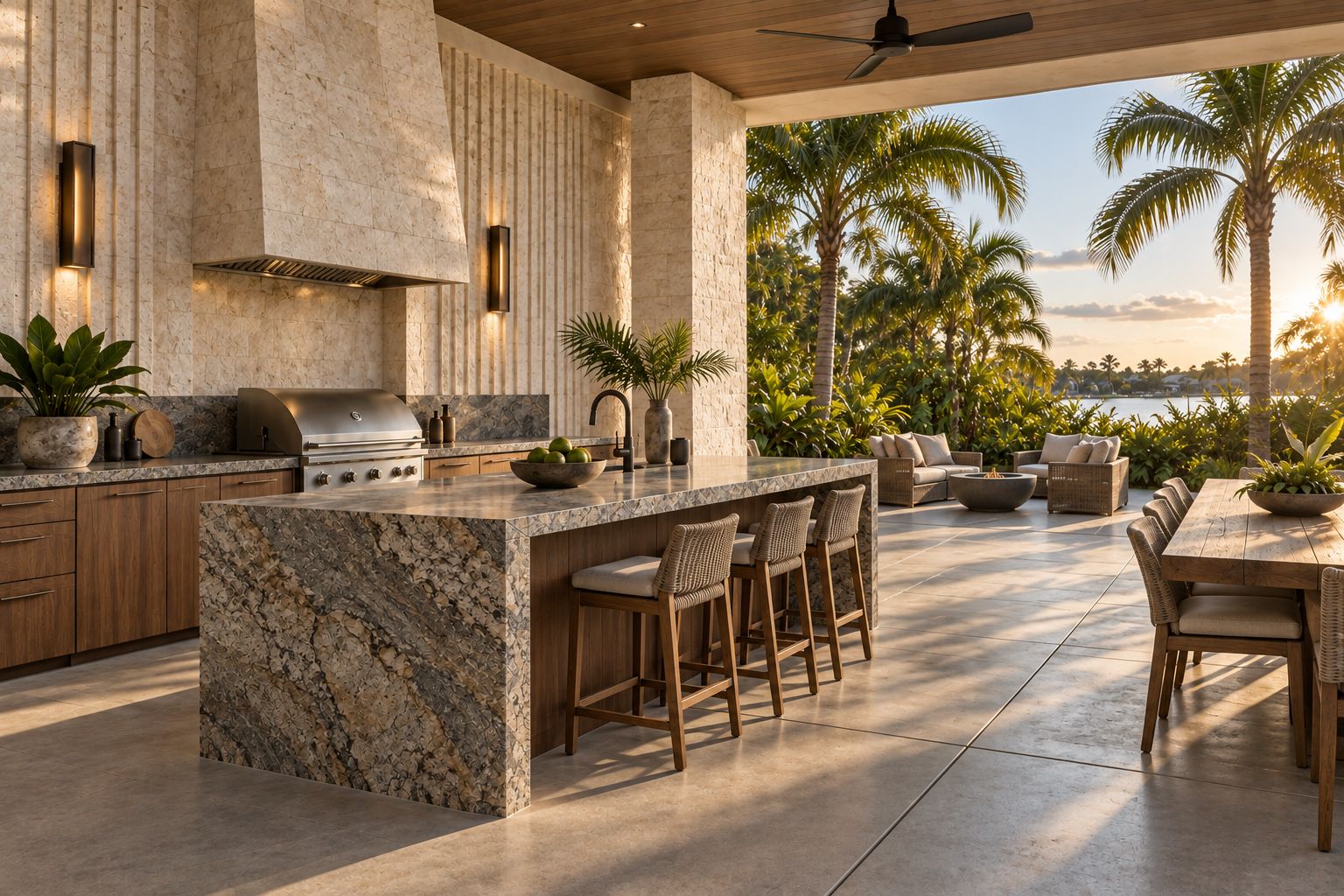Covered outdoor kitchen with a granite island, stone-clad walls and a concrete patio
