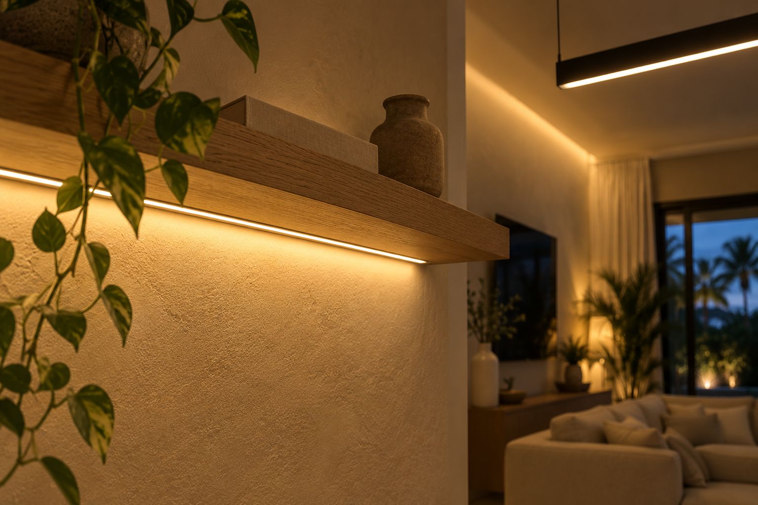 Design visualization of a concealed LED channel beneath an oak shelf illuminating textured plaster