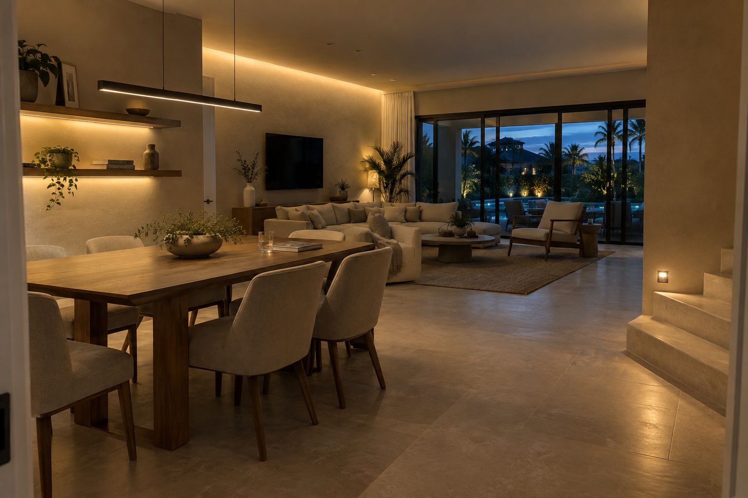 Design visualization of a Fort Myers living and dining room with a linear pendant, warm shelf lighting and stair accents