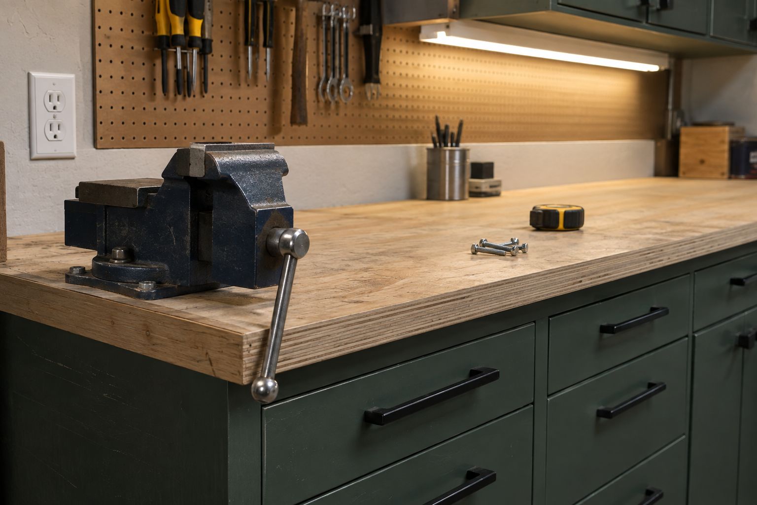 Design visualization: Plywood workbench edge with closed tool drawers and a small secured vise