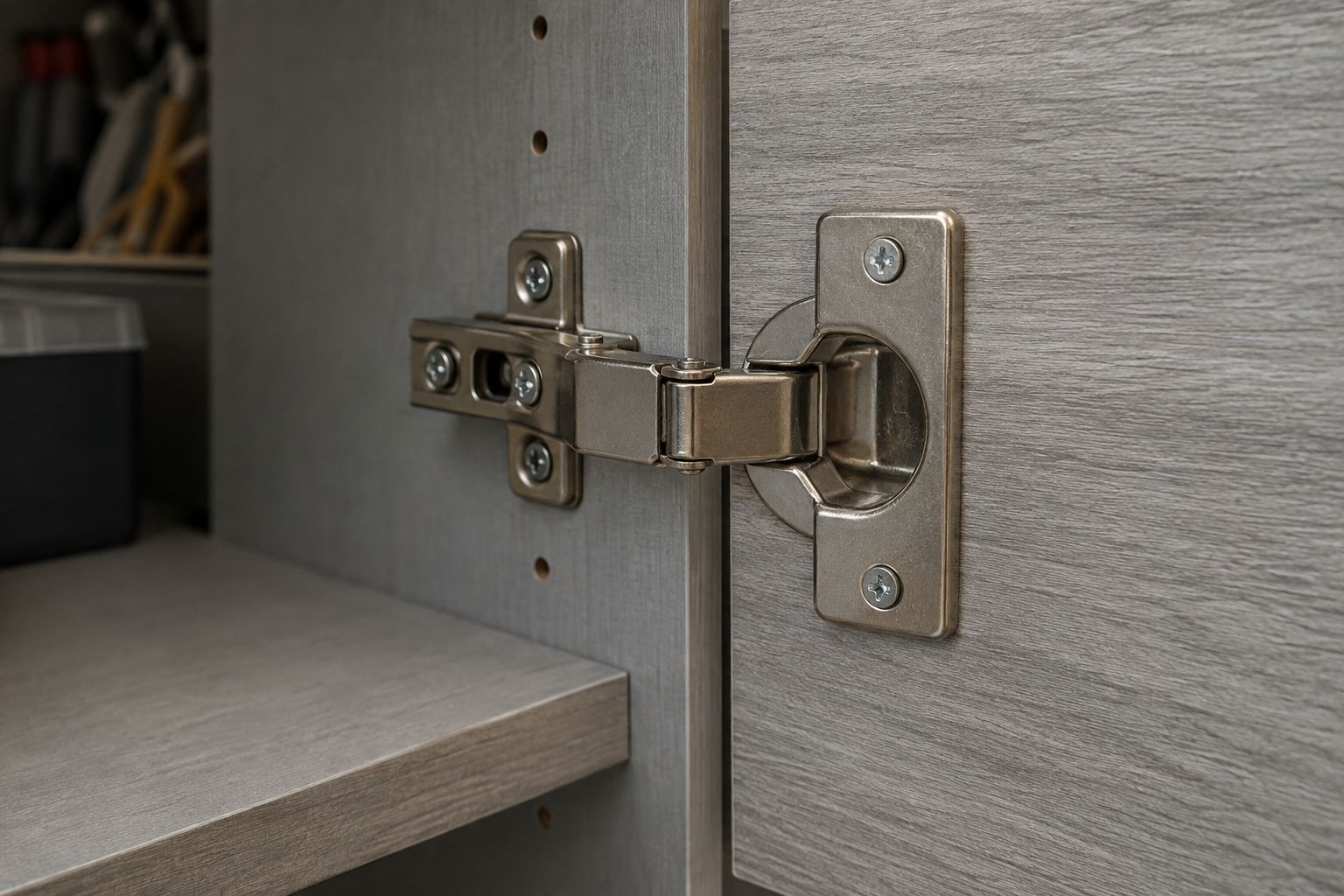 Design visualization: Concealed cabinet hinge, screws and gray laminate edging in a garage cupboard