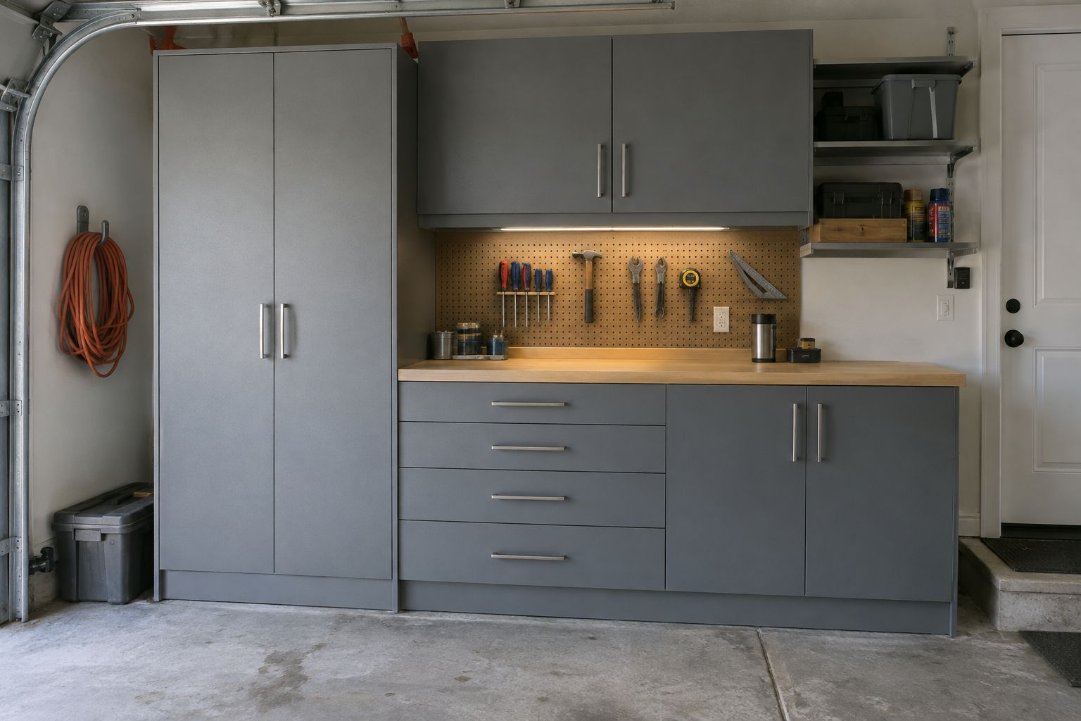 Design visualization: Gray garage cabinets with a plywood workbench and clear floor space