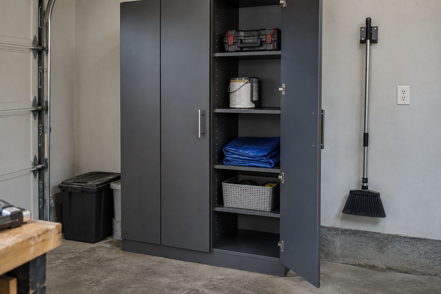Design visualization: Tall garage cupboard with adjustable shelves for mixed equipment and household supplies