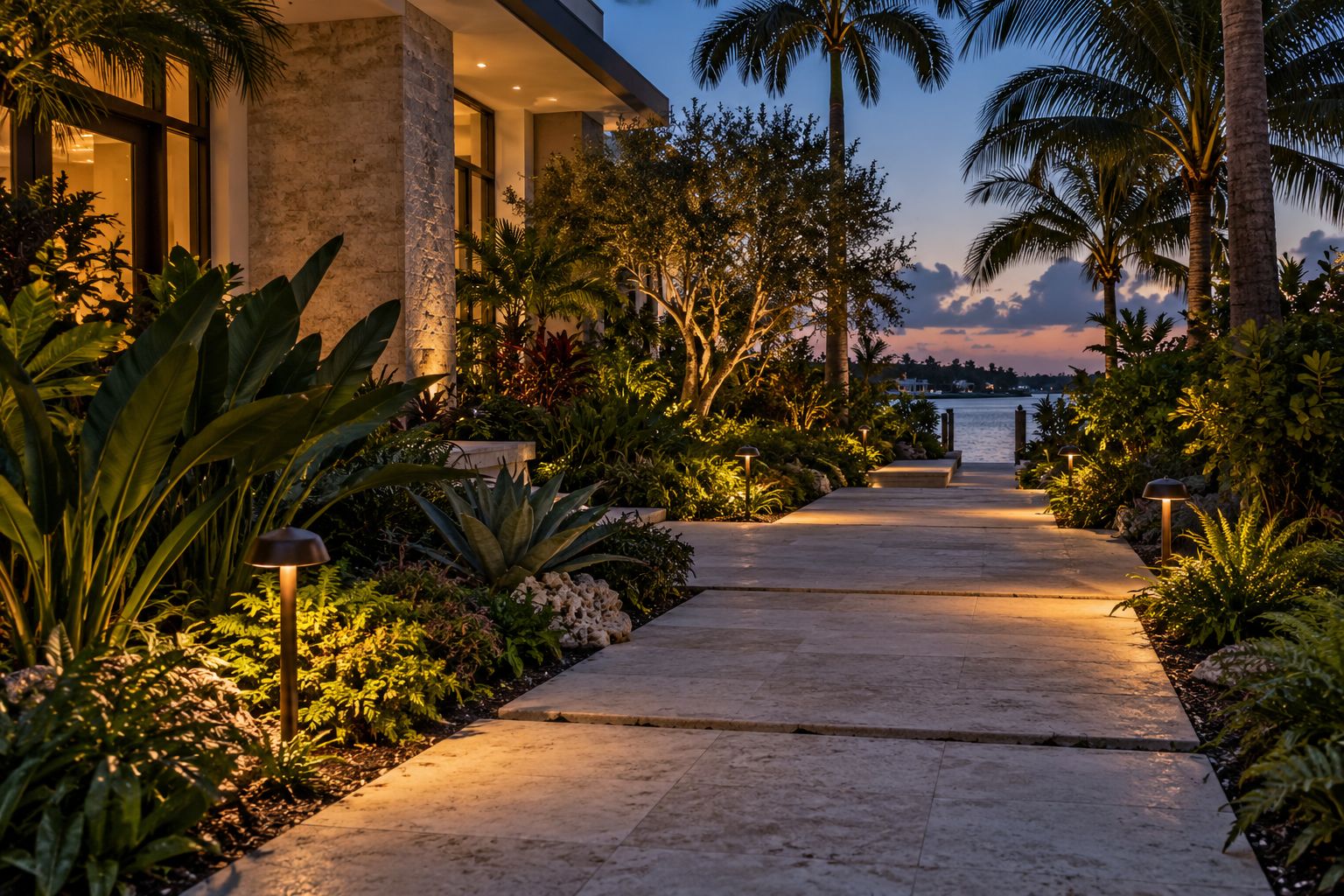 Shielded bronze path lights illuminate pale paving through a tropical garden at blue hour