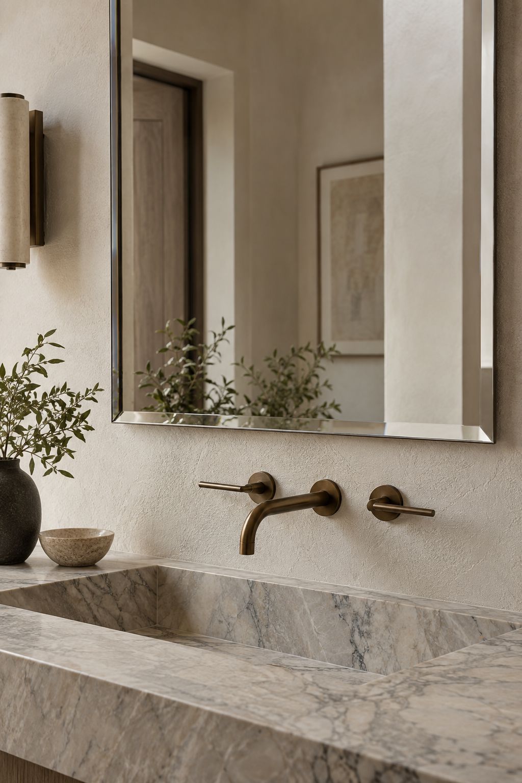 A beveled mirror edge above a honed marble vanity and bronze wall faucet