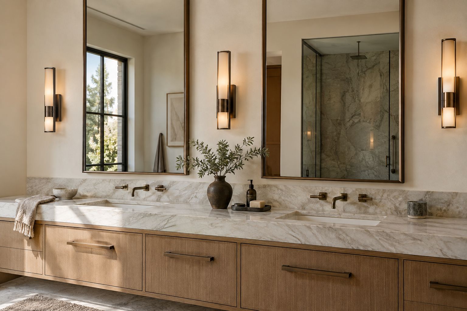 Paired rectangular mirrors and bronze sconces above a marble double vanity