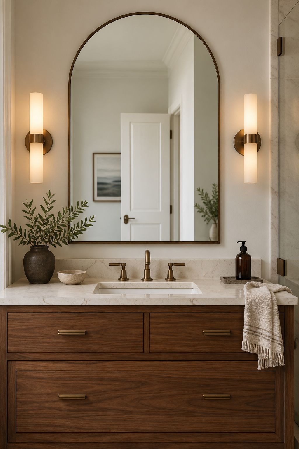 An arched bronze-framed mirror above a walnut vanity and creamy quartz basin