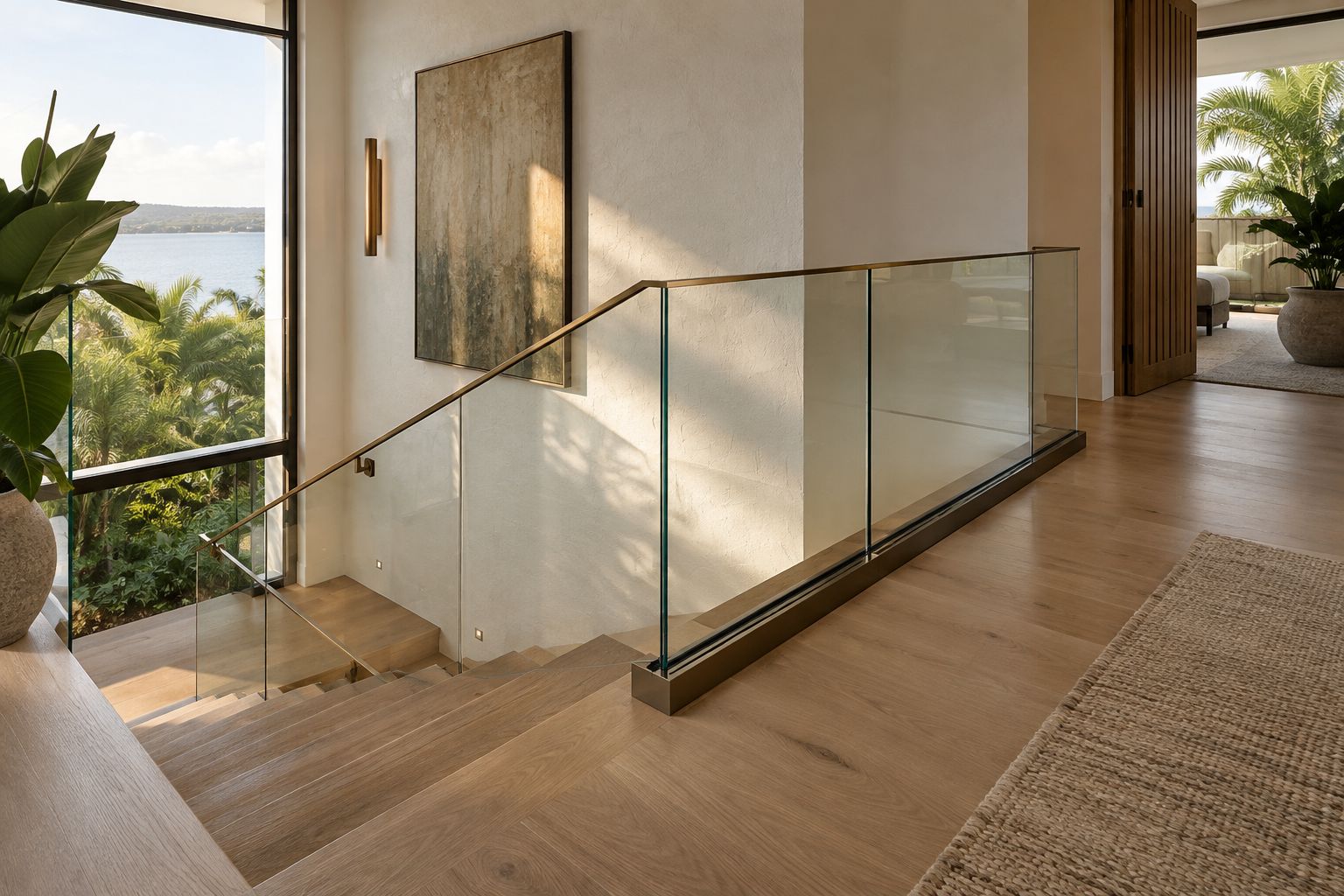 Clear glass balustrade with bronze trim beside an oak staircase and a tall garden window