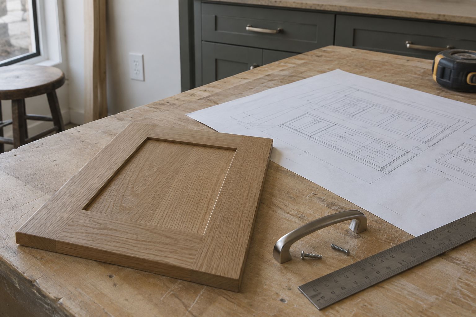 Design visualization: Cabinet design bench with an unmarked measured drawing and a small door sample