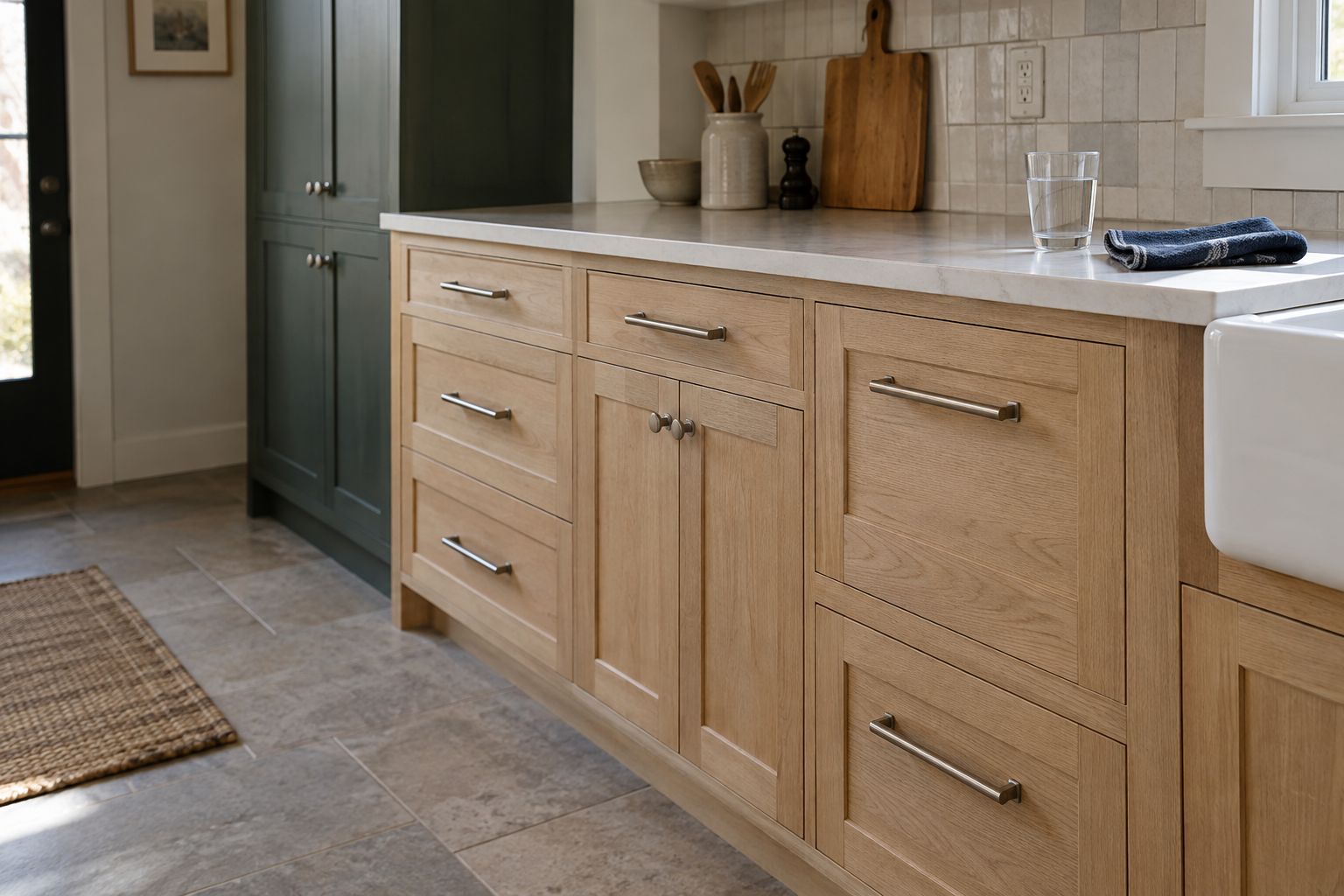 Design visualization: White oak kitchen drawer bank with a dark green pantry beyond