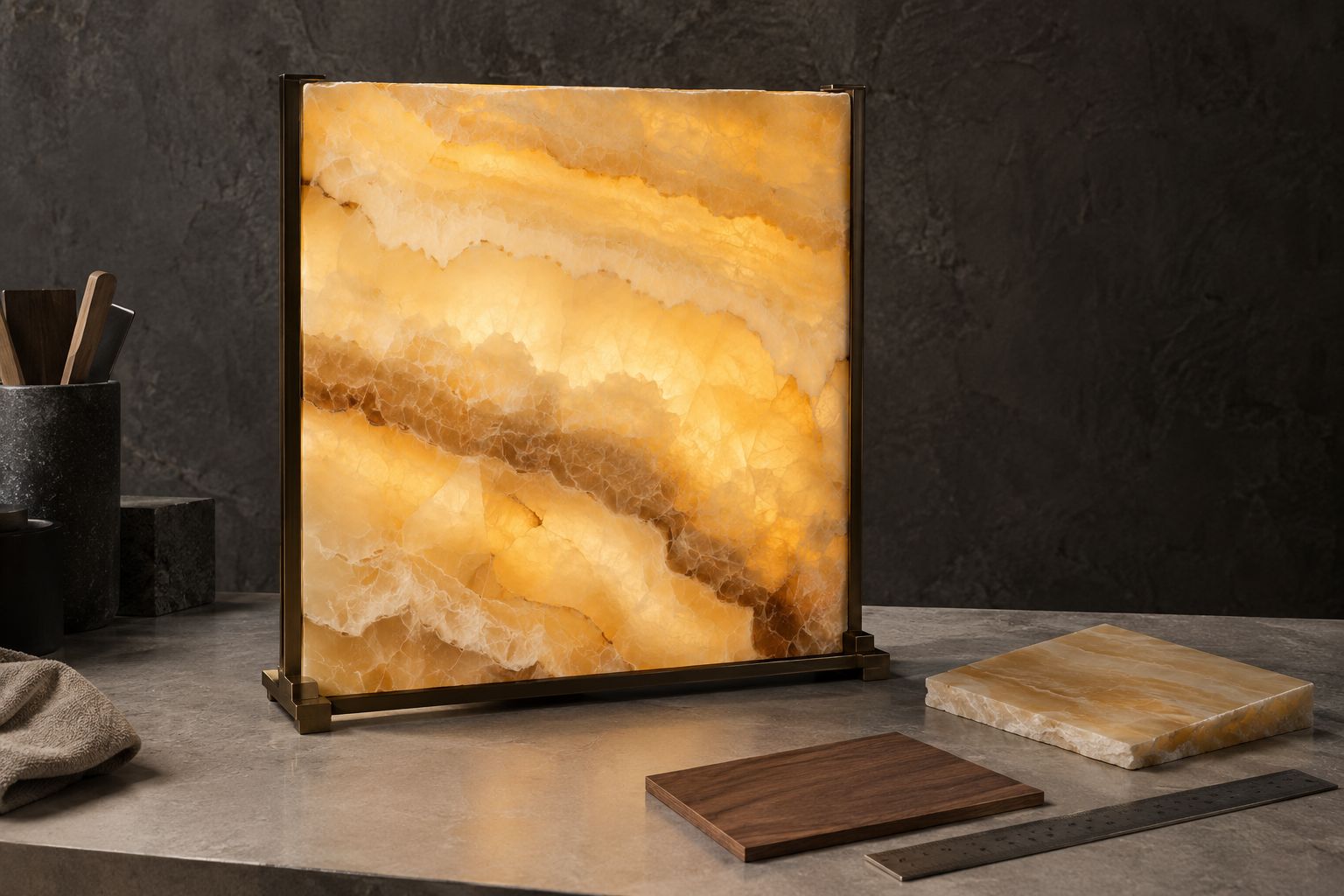 Honey-amber onyx sample illuminated in a bronze test frame beside an unlit offcut on a studio workbench