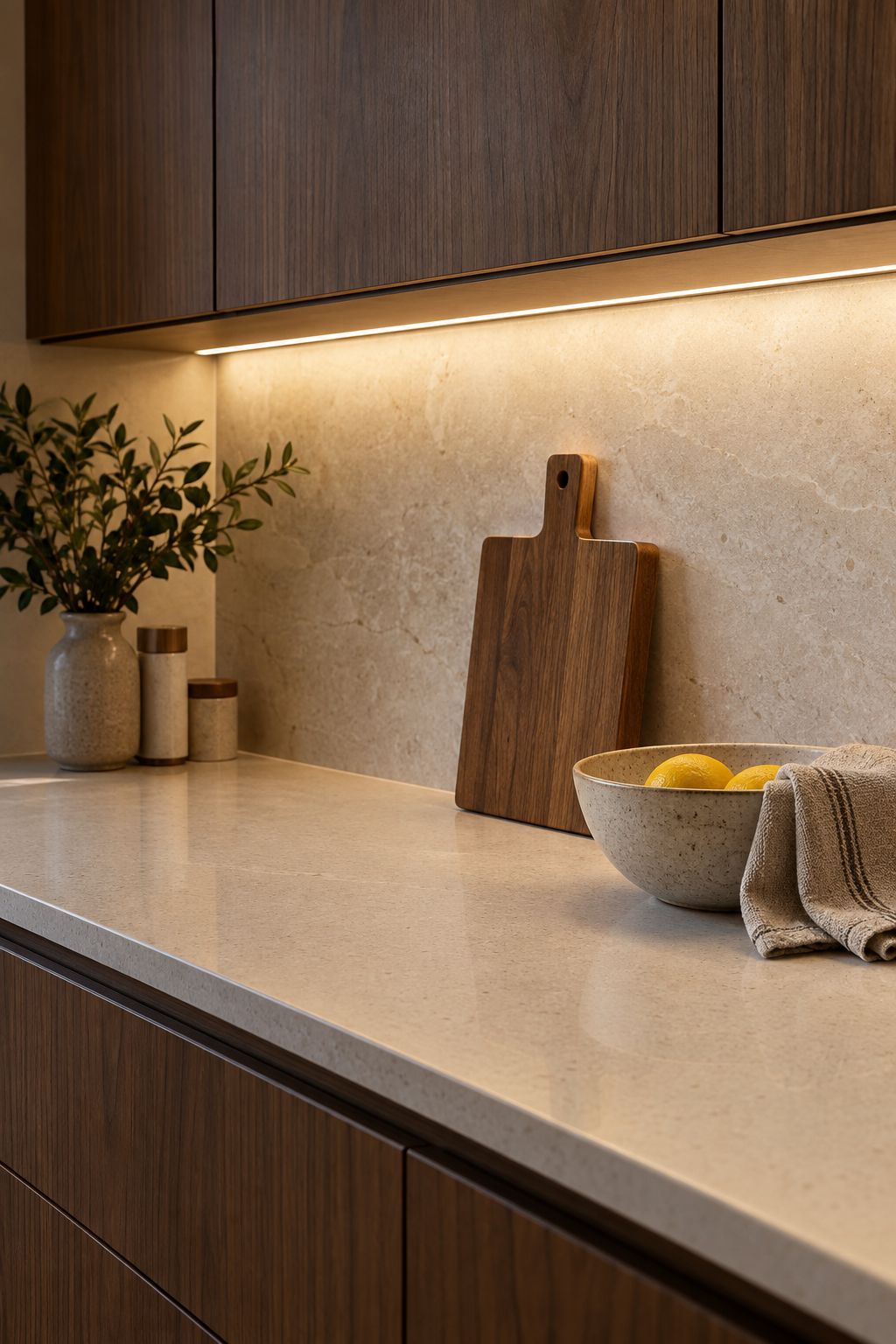 Concealed under-cabinet LEDs illuminate a quartz preparation counter, walnut cabinetry, chopping board and ceramic bowl