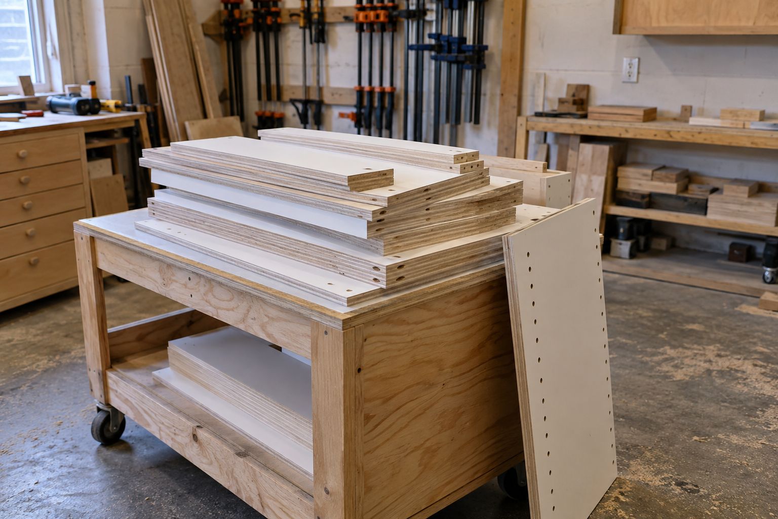 Design visualization: Stacked cut cabinet panels and maple offcuts on a workshop trolley