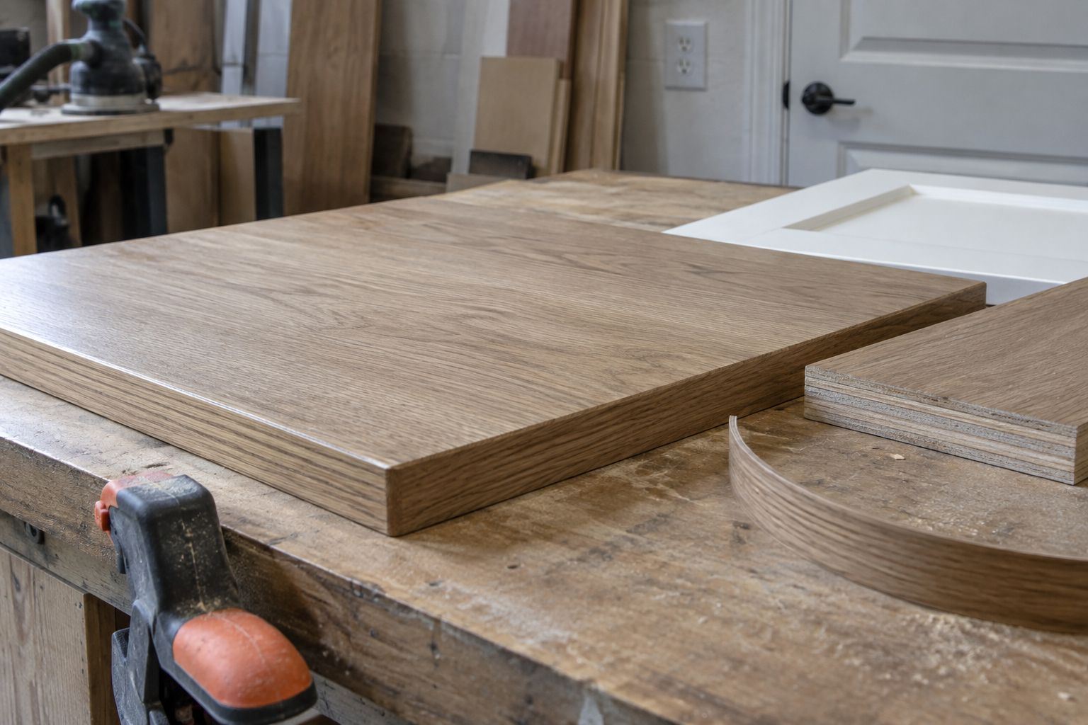 Design visualization: Plywood panel edge, applied banding and a cabinet door corner on an assembly bench