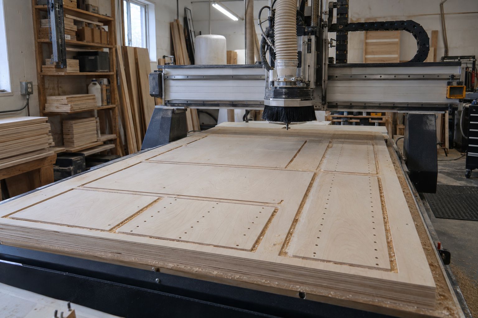 Design visualization: CNC routing table with cut cabinet panel outlines in a working woodshop