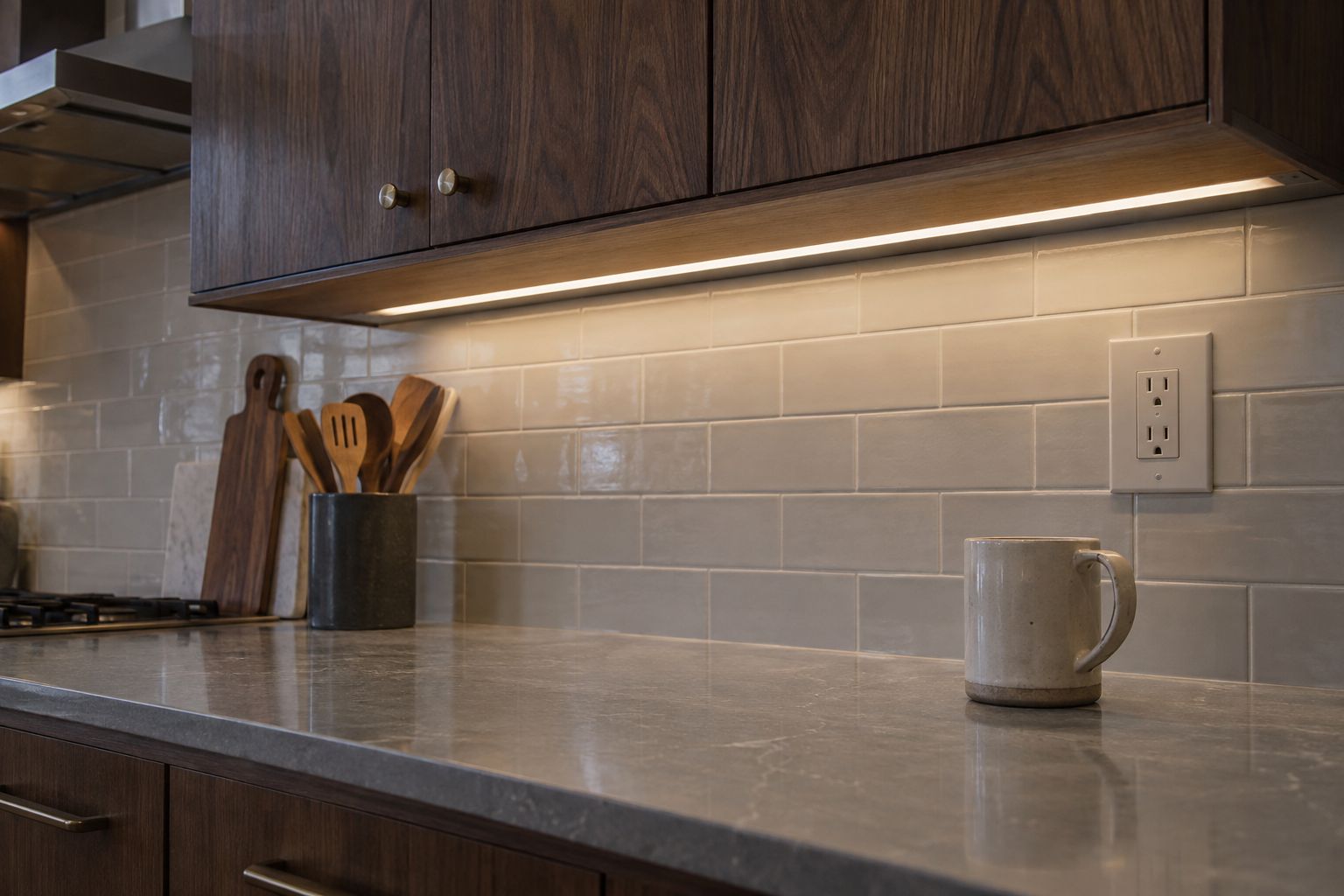 Design visualization: Subtle cabinet task light viewed from a seated angle over a reflective counter