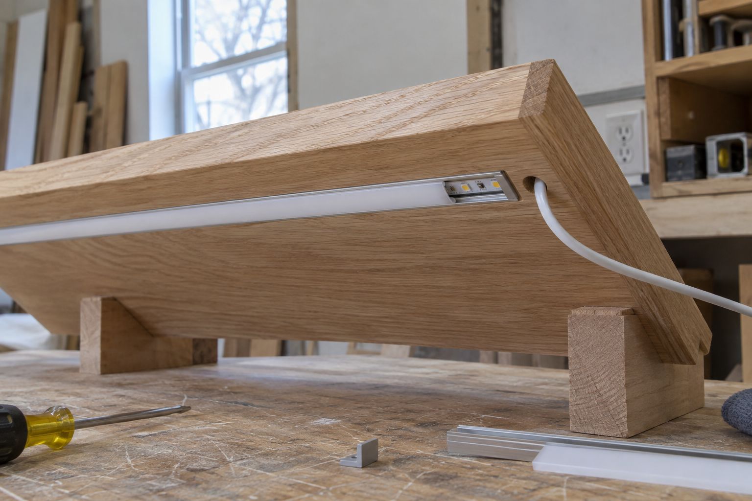 Design visualization: Unlit aluminum LED channel and diffuser fitted into a routed oak cabinet panel