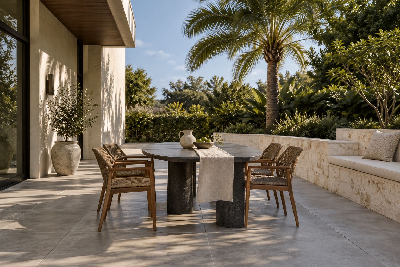 Southwest Florida dining courtyard with charcoal granite table, warm-gray concrete paving and pale limestone bench
