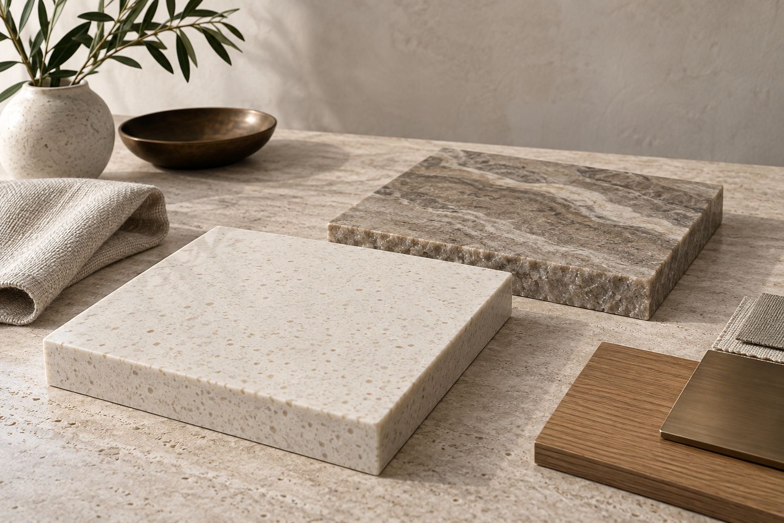 Ivory engineered quartz and veined taupe quartzite samples beside oak, bronze and linen on a material selection table