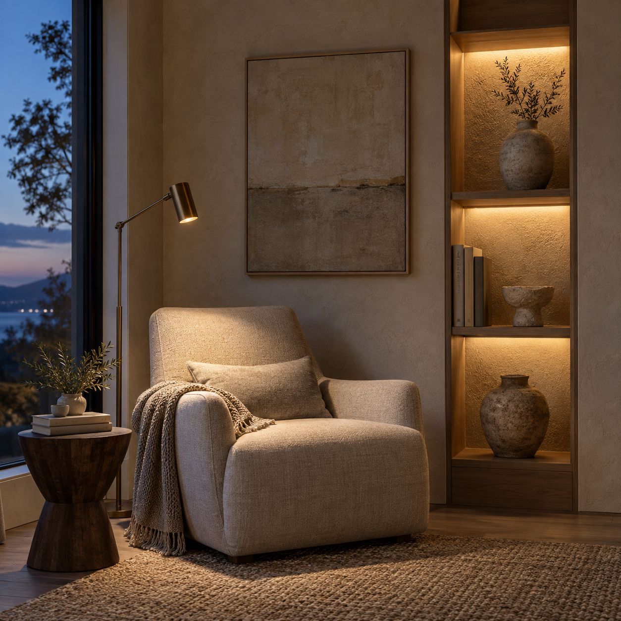 Linen reading chair beside a bronze task lamp and softly illuminated oak display niche at blue hour