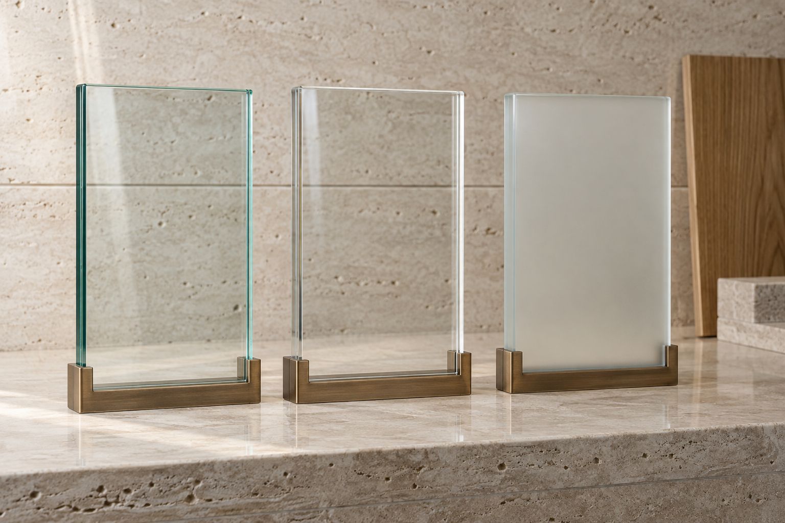 Standard clear, low-iron clear and satin translucent glass samples in bronze holders on a pale stone counter