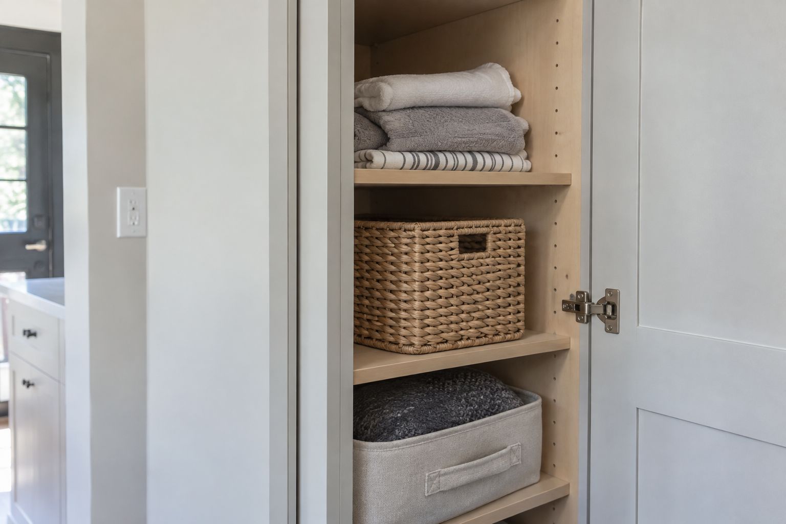 Design visualization: Useful cupboard shelving with mixed baskets and a distinct folded towel stack