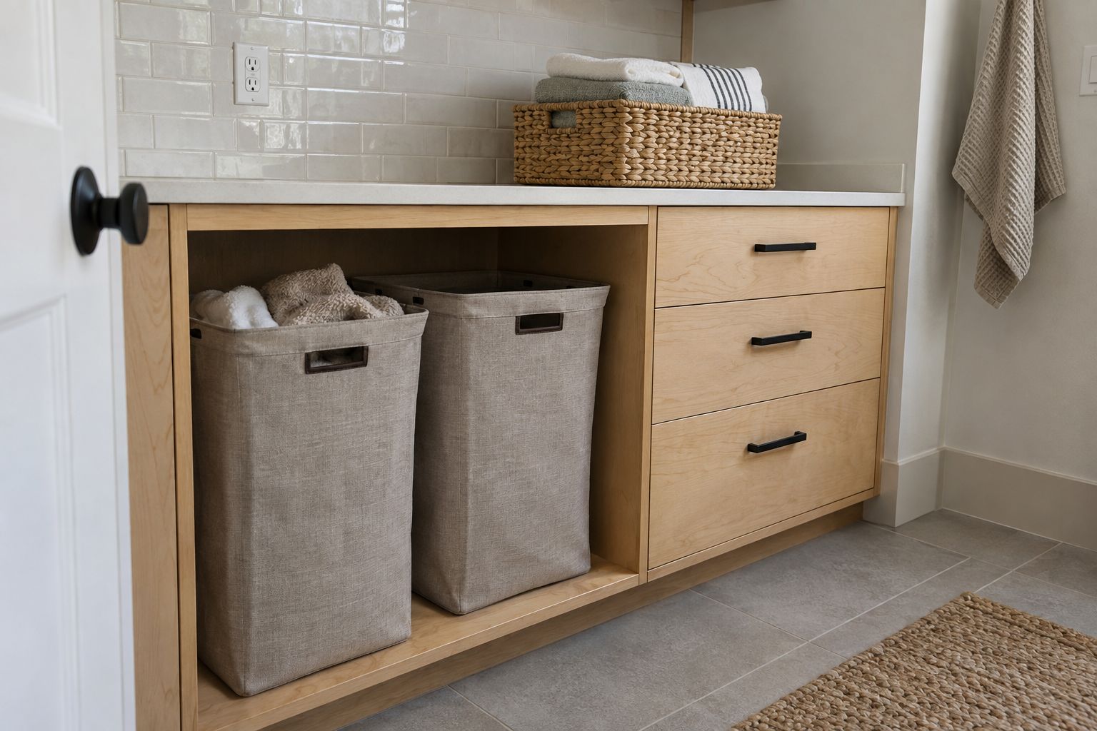 Design visualization: Laundry sorting cupboard with two removable fabric hampers and a useful counter