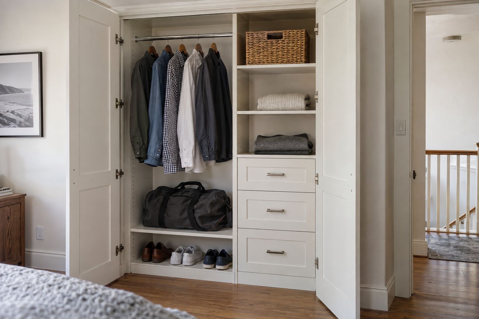 Design visualization: Reach-in closet organized into everyday hanging, drawers and upper storage