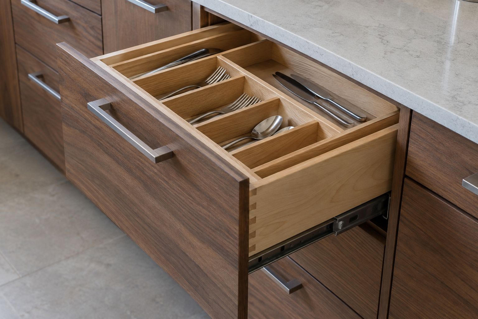 Design visualization: Walnut drawer front, dovetailed maple drawer box and metal slide with a cutlery organizer