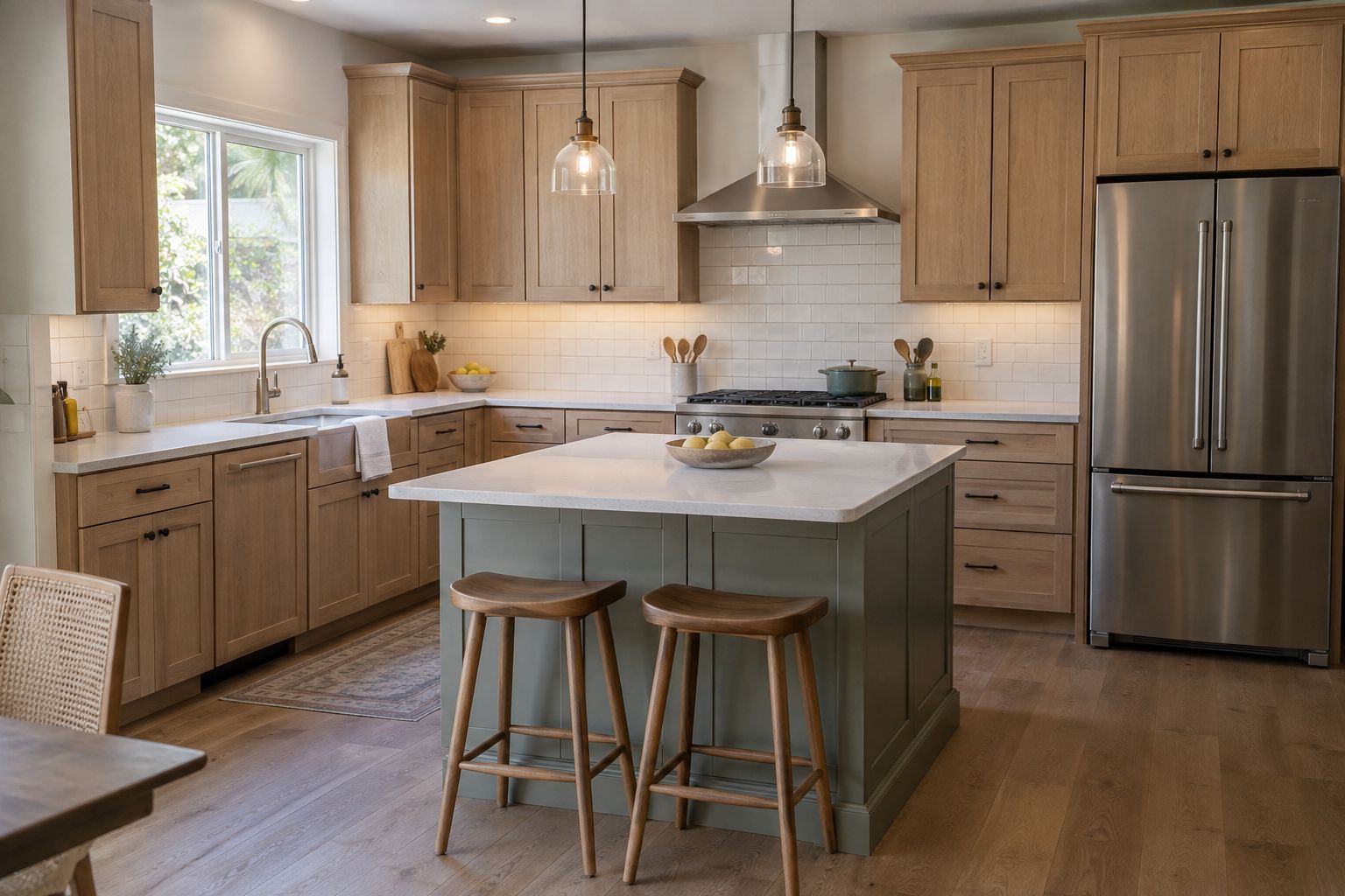 Design visualization: Natural oak kitchen with sage island, visible appliance openings and brushed steel hardware